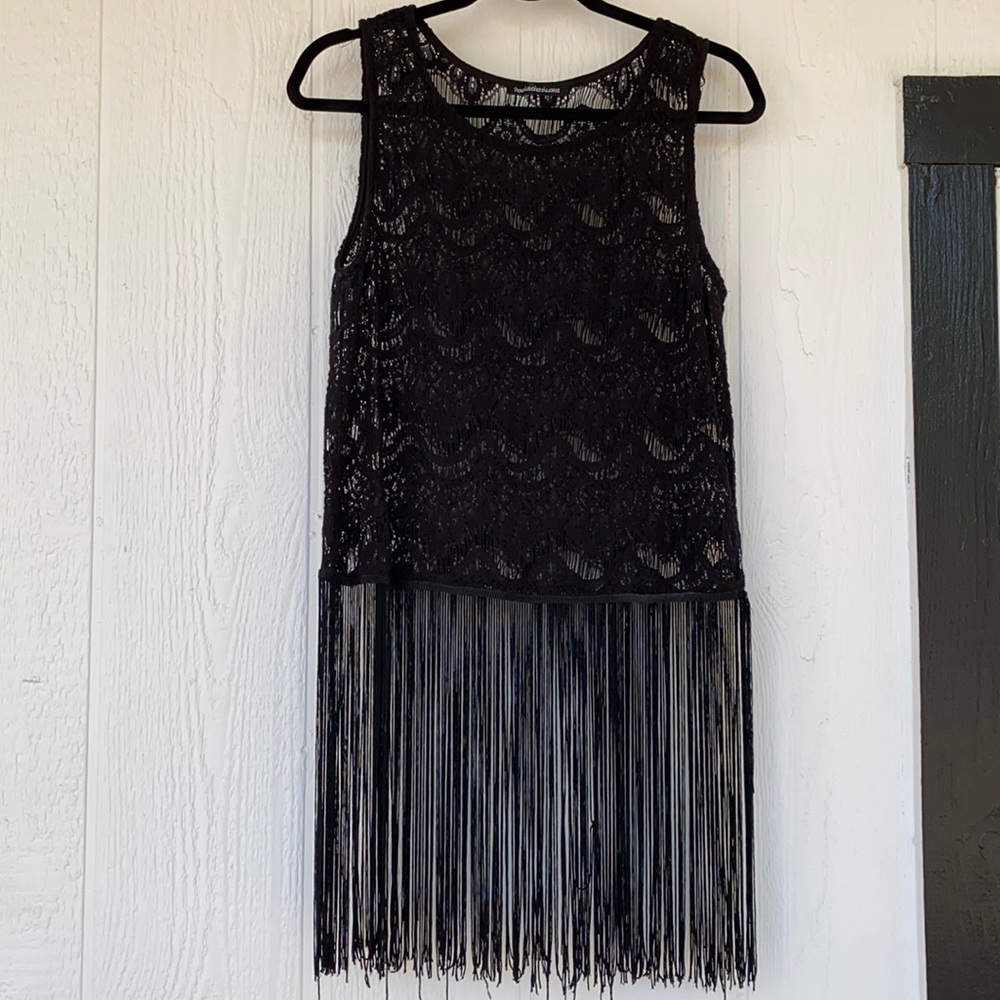 Lightweight Sheer Lace Fringe Black Top size M